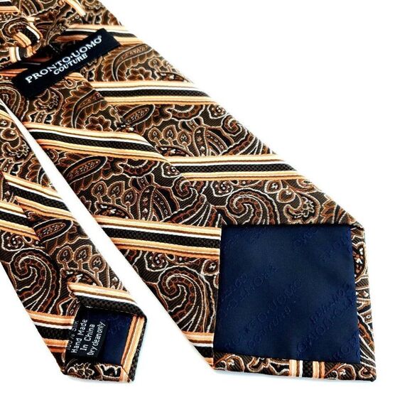 Pronto Uomo Couture Paisley Striped Brown Woven Silk Tie - Picture 5 of 6